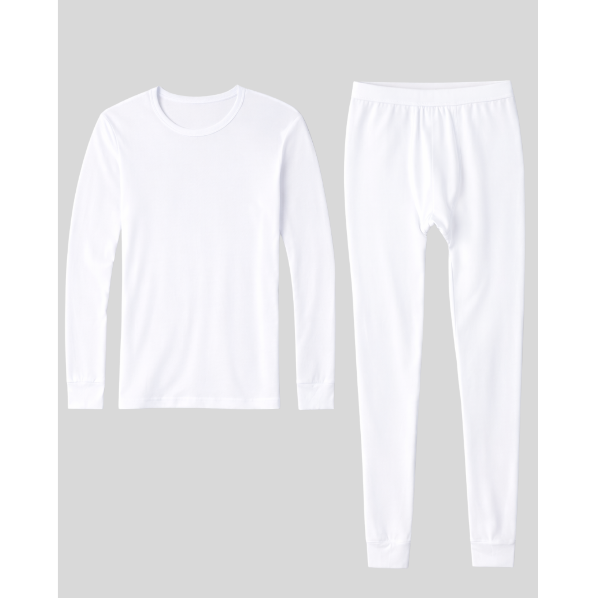 White long-sleeve shirt and pants set on a gray background