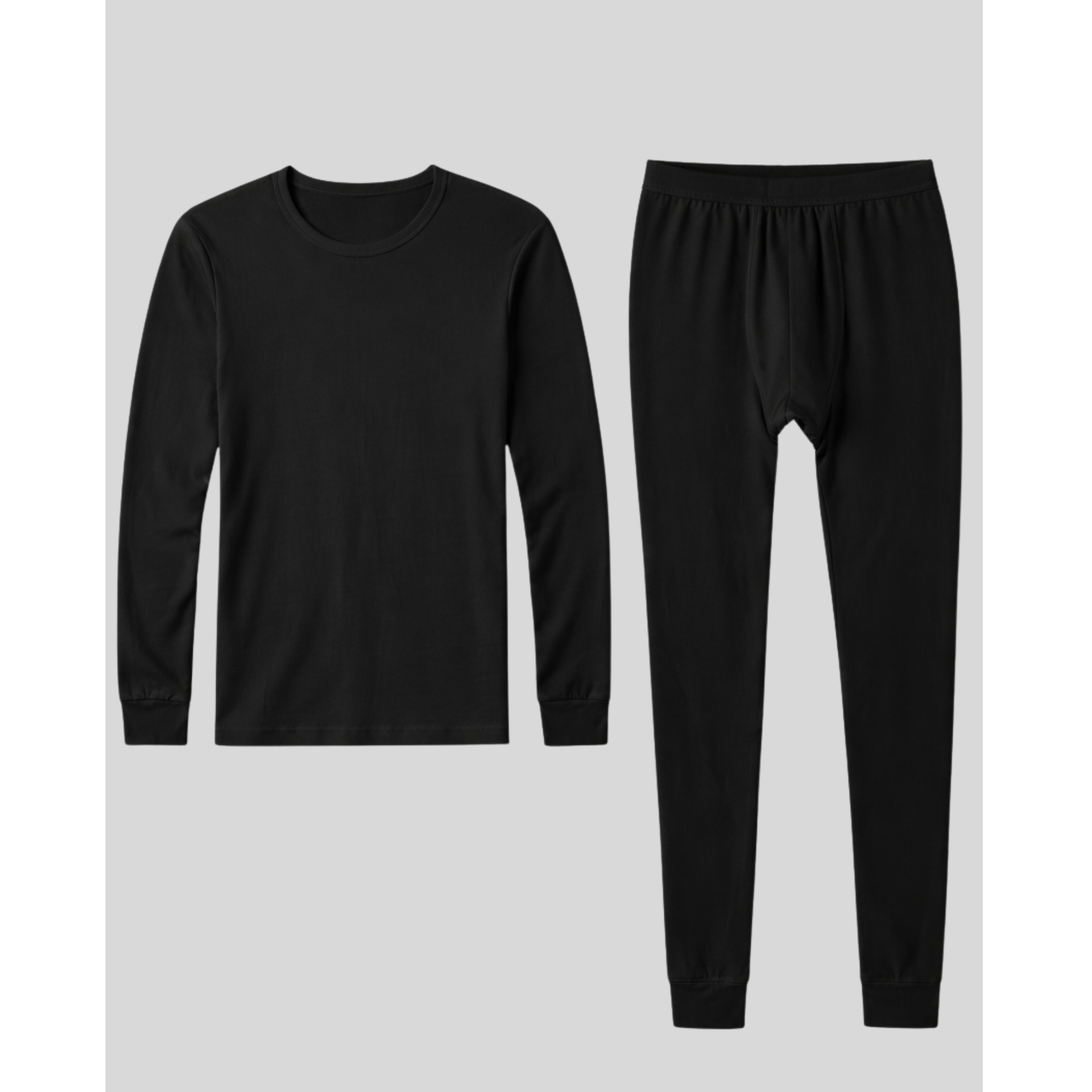 Black long-sleeve shirt and pants set on a light gray background