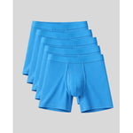 Five pairs of bright blue men's boxer briefs stacked in a fan arrangement on a light gray background.