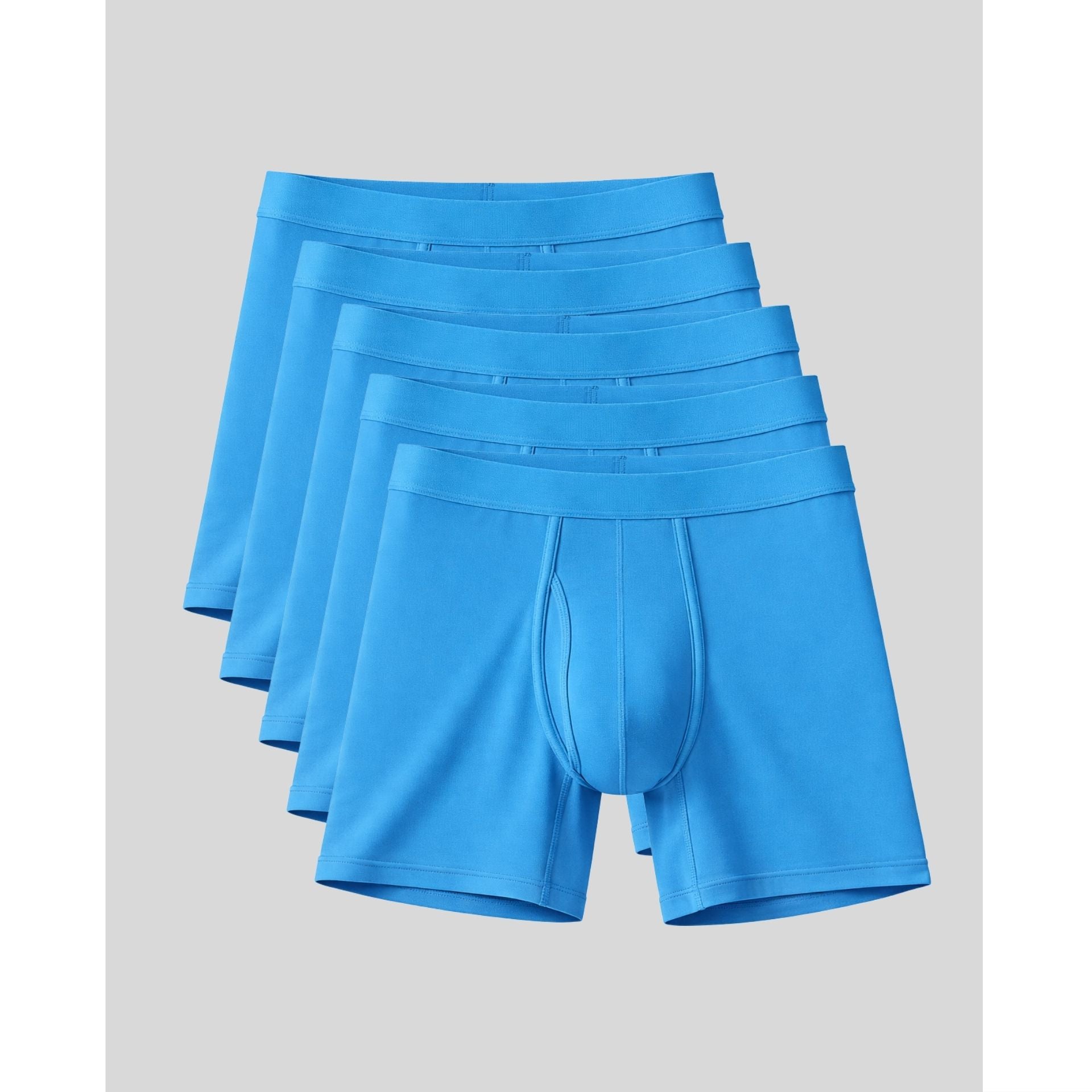 Five pairs of bright blue men's boxer briefs stacked in a fan arrangement on a light gray background.