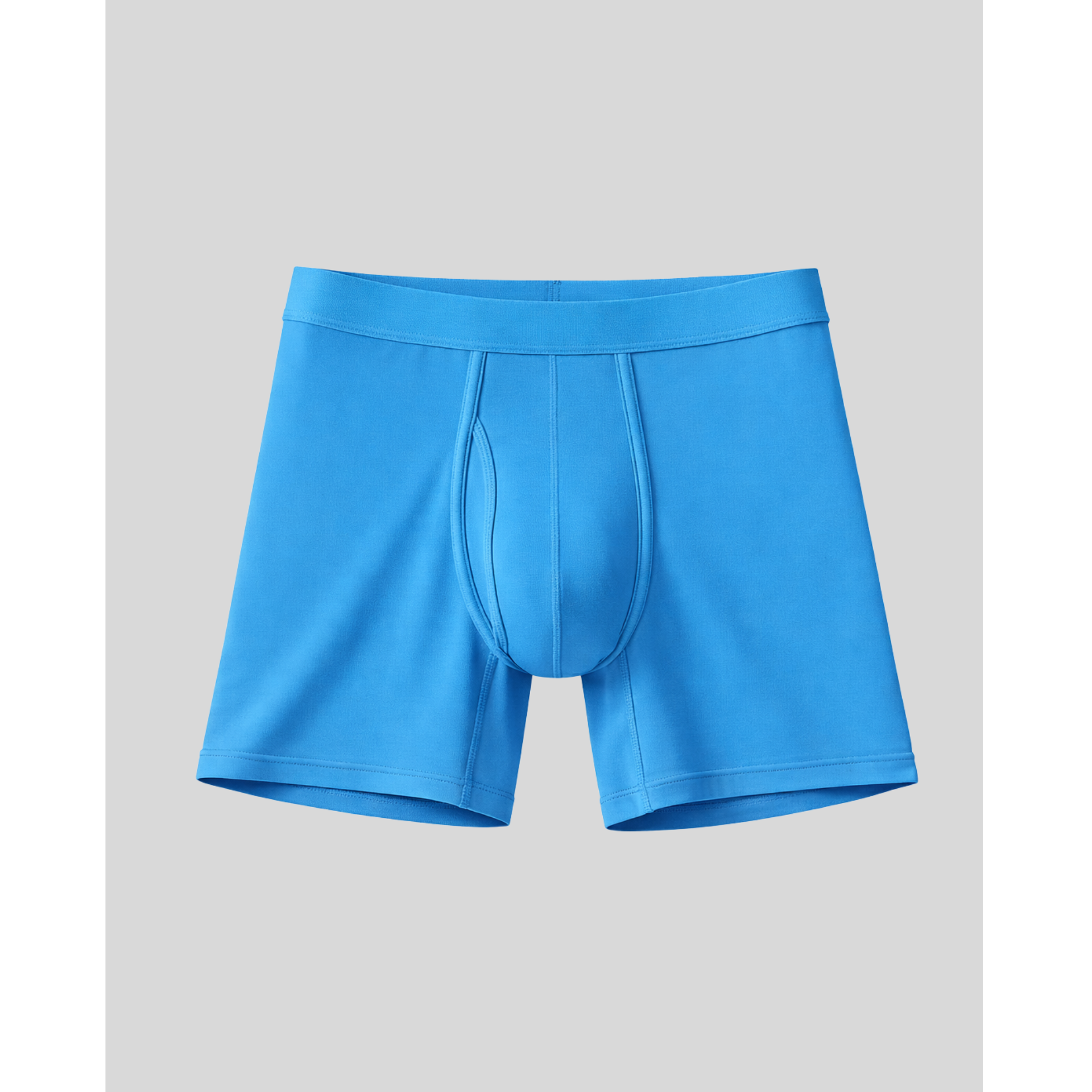 A pair of men's boxer briefs in a solid bright blue color, displayed flat against a neutral light gray background.