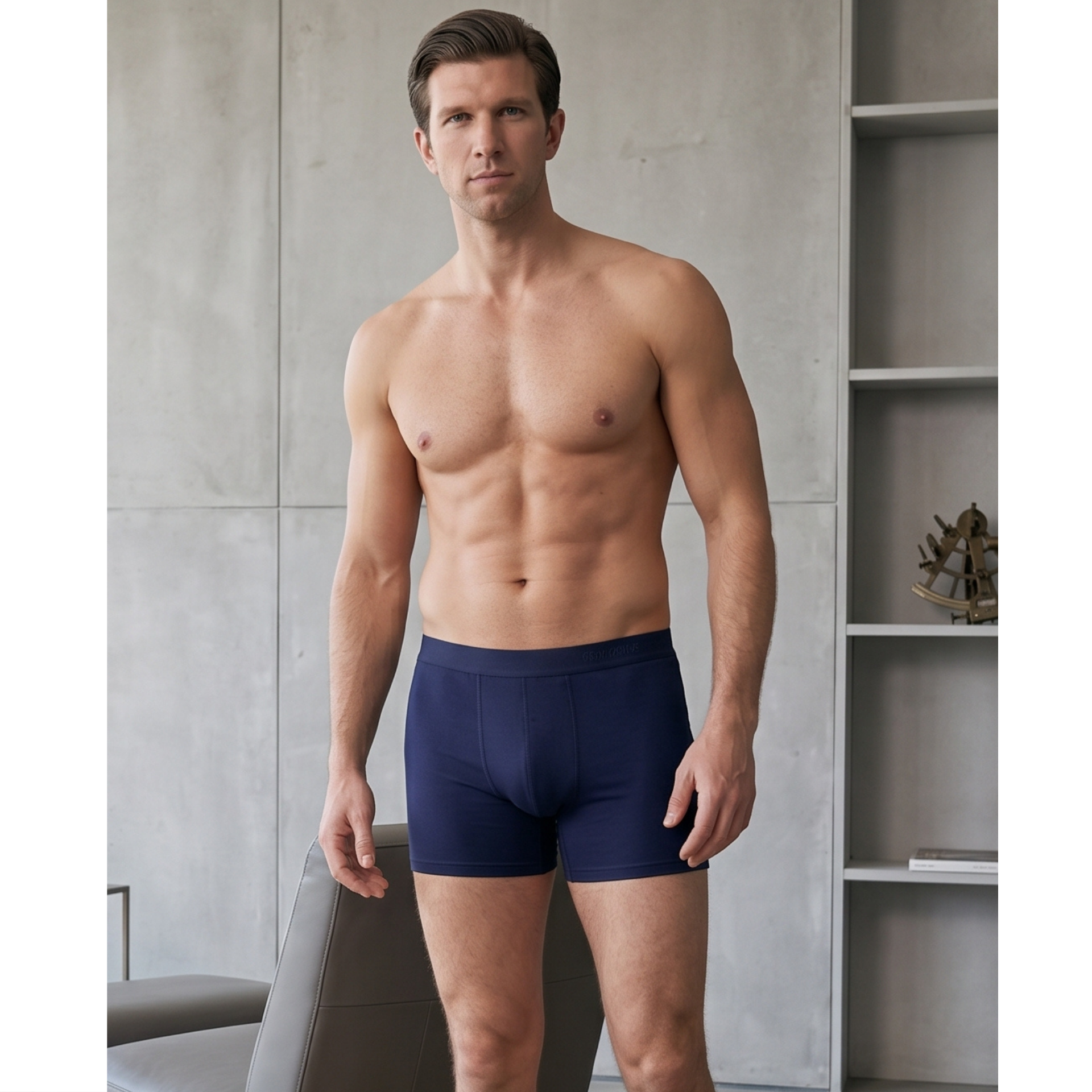 A shirtless man wearing navy blue boxer briefs stands in a modern room with a concrete wall and shelving unit in the background.