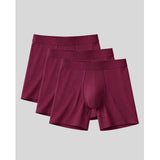 Three pairs of maroon boxer briefs on a light gray background