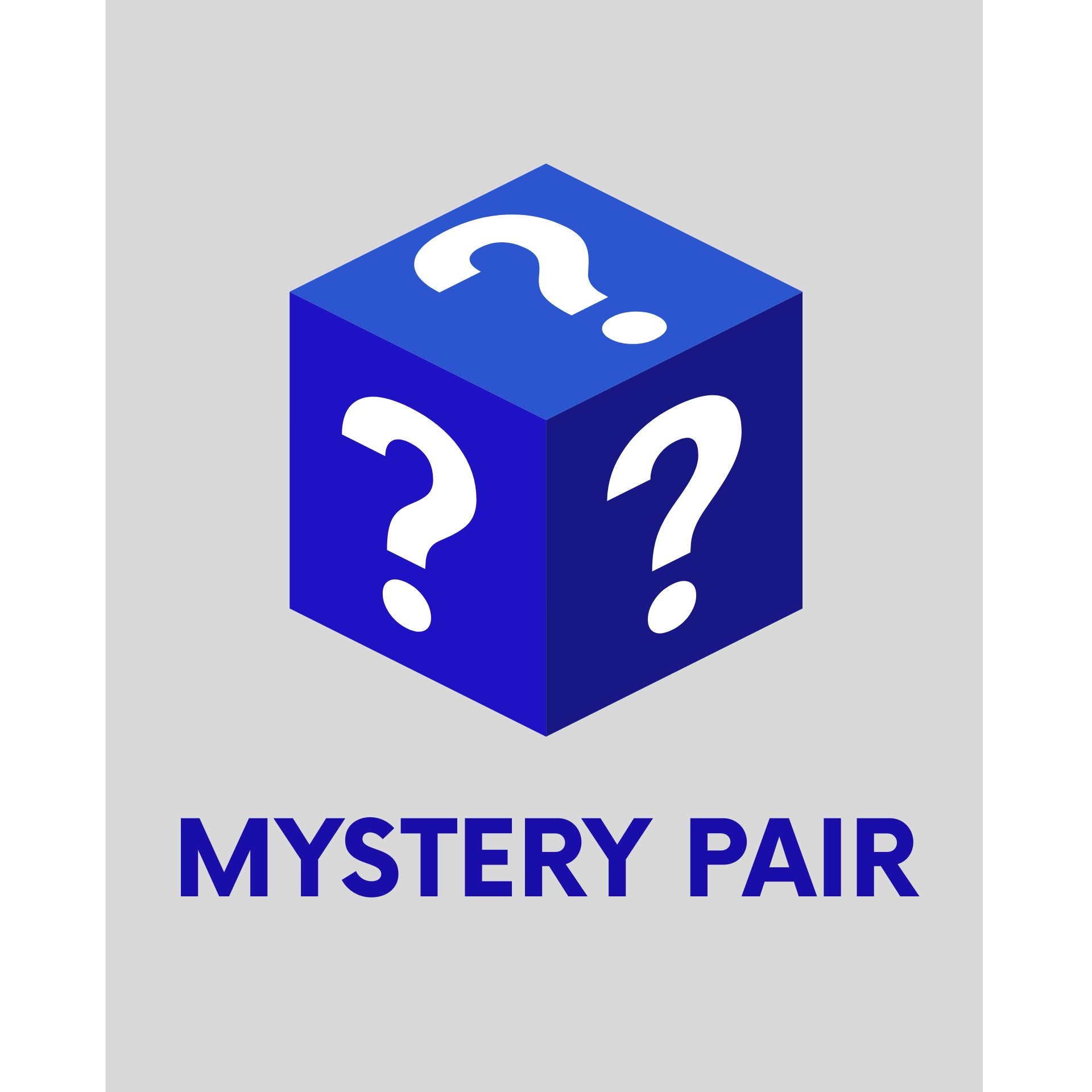 Blue cube with question marks and 'Mystery Pair' text on a gray background