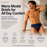 Promotional graphic for silkcut underwear  men's modal briefs, featuring a muscular male model wearing navy blue briefs on the right side, with product text and feature icons on the left on a light beige background. silkcut micro modal air 