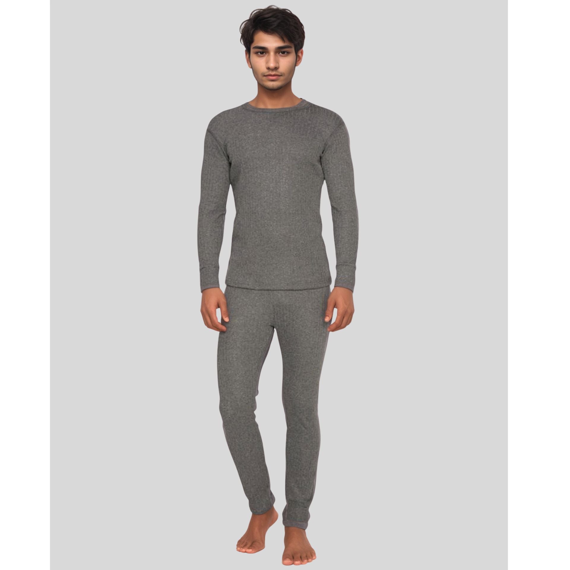 Man wearing a SILKCUT UNDERWEAR THERMAL SET IN BLUE  set on a light gray background thermal underwear set on a light gray background silkcut underwear