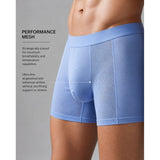 Blue boxer briefs with performance mesh on a gray background silkcut  silkcut underwear underwear