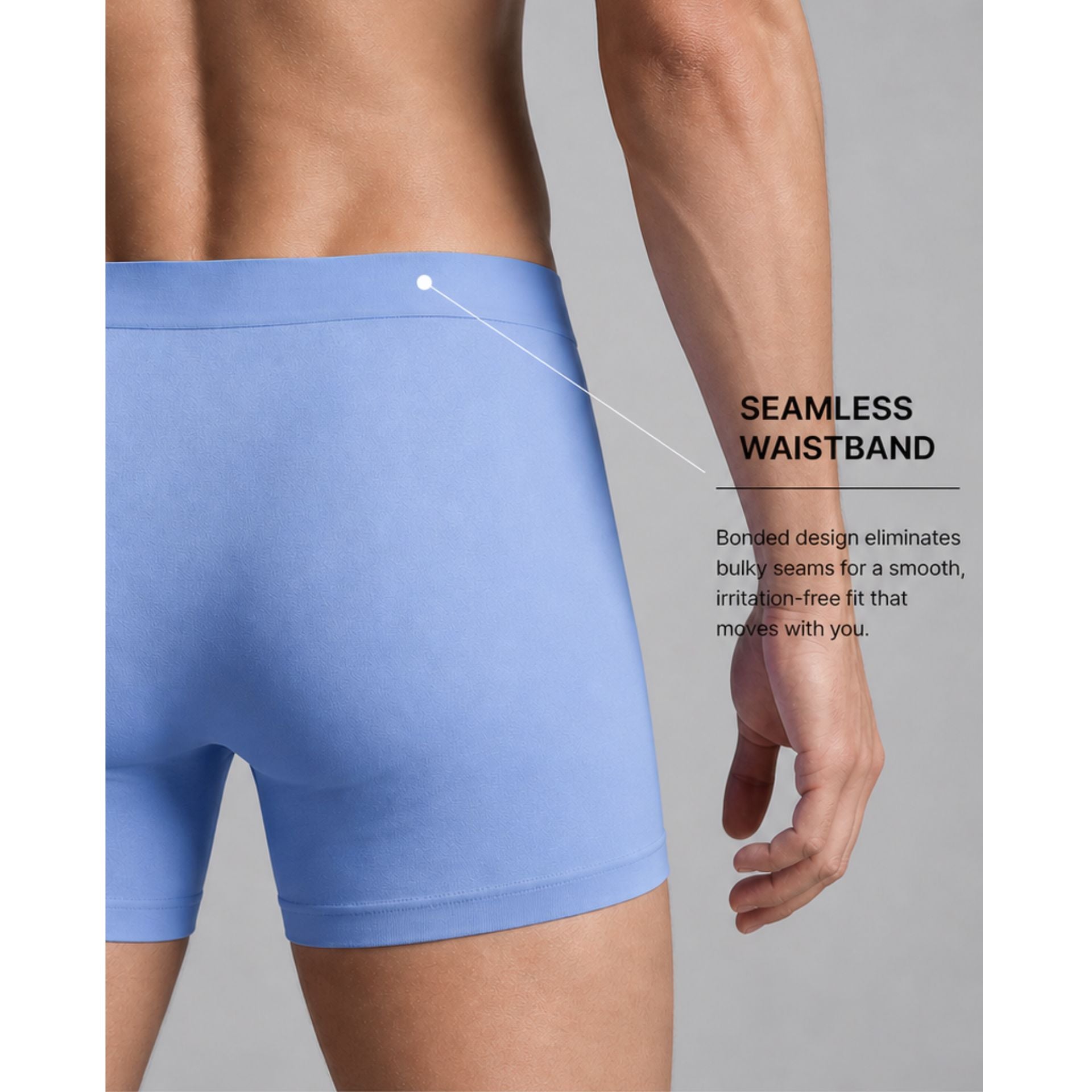 SilkCut Blue boxer briefs with a seamless waistband feature on a gray background