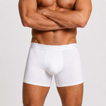 silkcut underwear silkcut micro modal air  A close-up of a male model's torso wearing white boxer briefs against a light gray studio background. The brand name Silkcut  is subtly printed on the waistband. 