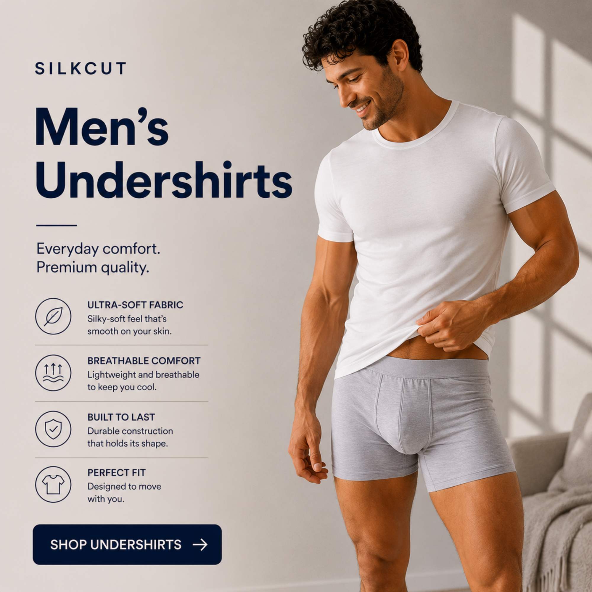 A man wearing a plain white silkcut underwear micro modal air short-sleeve  crew-neck t-shirt, and gray boxer brief underwear with Silkcut branding and product features.
