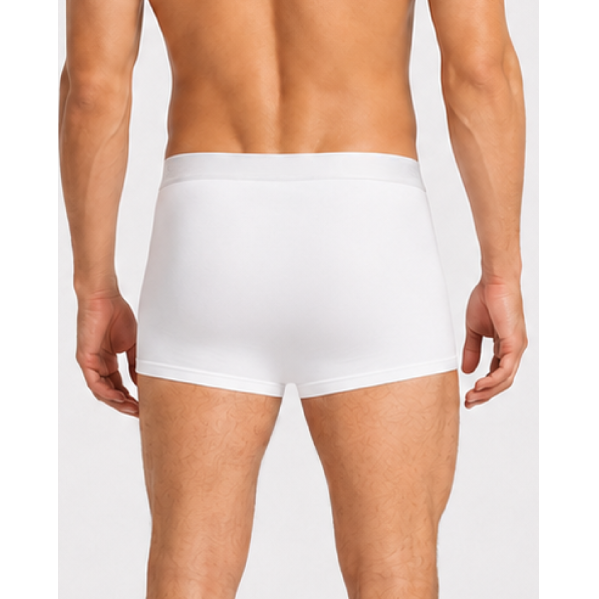 Male model shown from the back wearing white silkcut underwear SilkCut boxer briefs on a clean white studio background. micro modal air 