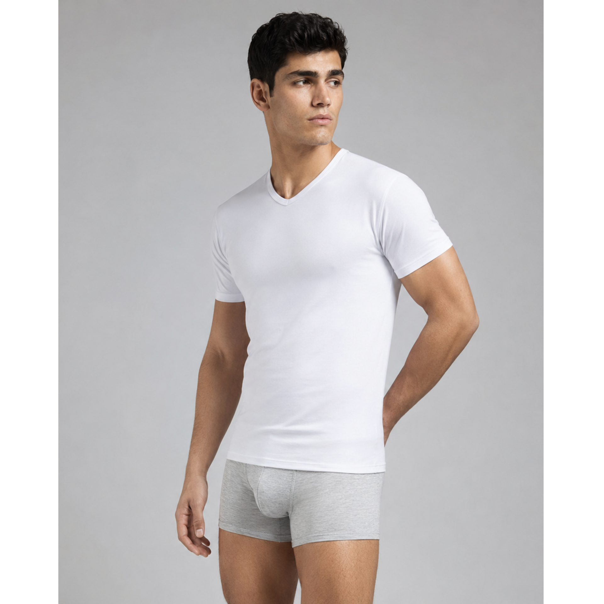 silkcut underwear  micro modal air men’s white V-neck undershirt styled with soft grey boxer briefs on a studio model.